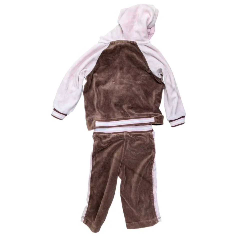 Vintage Miniwear Baby Girls Brown Pink Velour Tracksuit Hoodie Pants Set- 12 MO